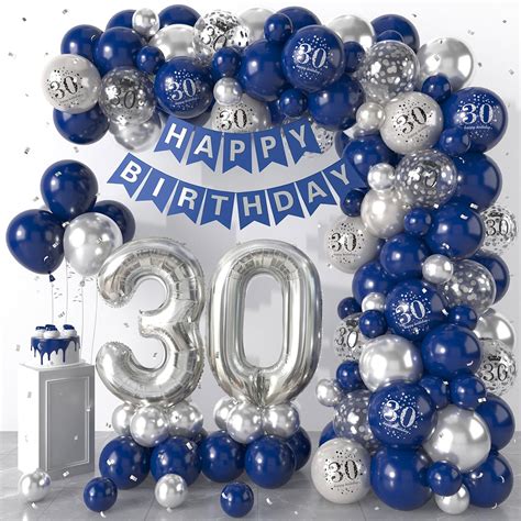 30th Birthday Decorations Navy Blue Silver 30th Birthday Balloon Garland Party