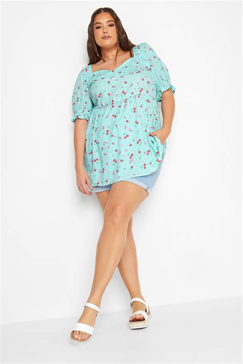 Yours Plus Size Curve Blue Cherry Print Peplum Top Yours Clothing