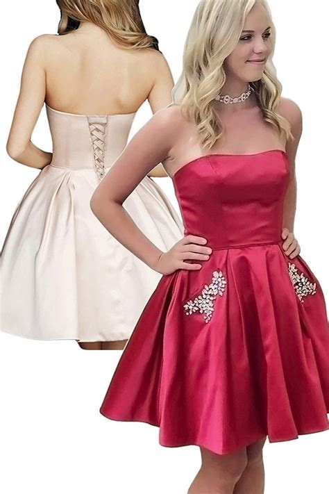 Mydress Strapless Prom Dresses Short Satin Homecoming Cocktail Party