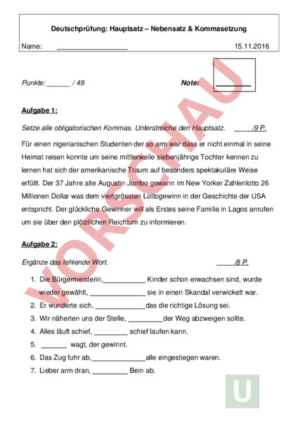 Arbeitsblatt Prüfung Haupt und Nebensatz Deutsch Grammatik