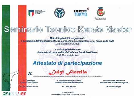 Attestato Seminario Tecnico Psicologia Sport Mushin Karate Vighignolo