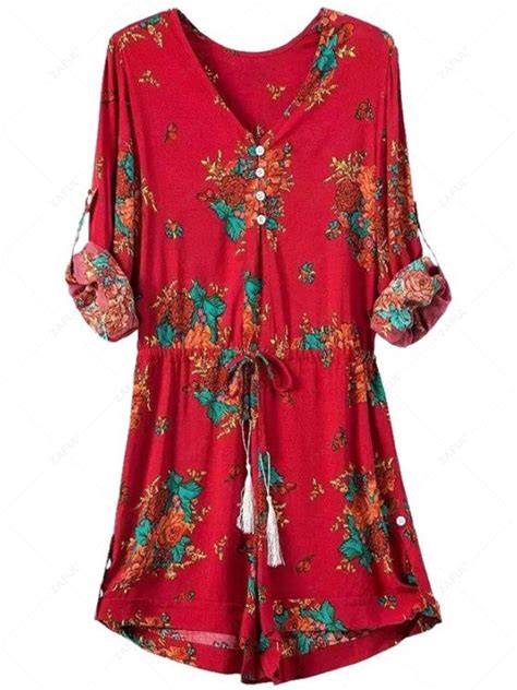 2018 Floral Print V Neck Long Sleeve Romper In Red M Zaful