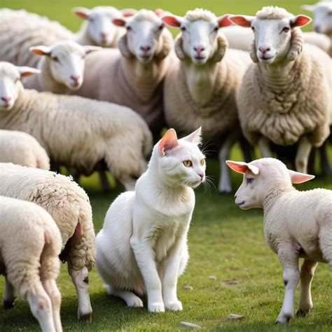 youngish cat gazing curiously at a flock of sheep