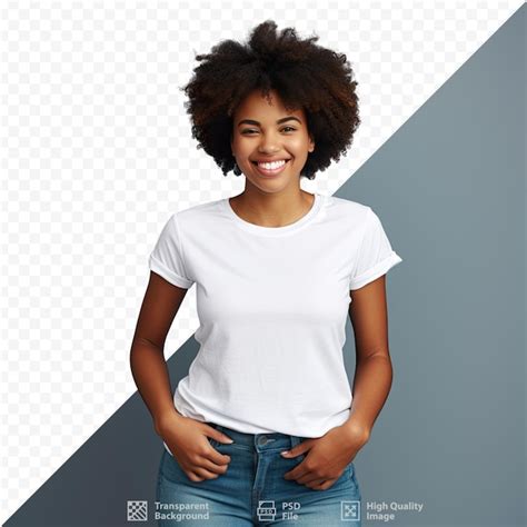 Une Femme Vêtue D un T shirt Blanc Se Tient Devant Une Photo Qui Dit