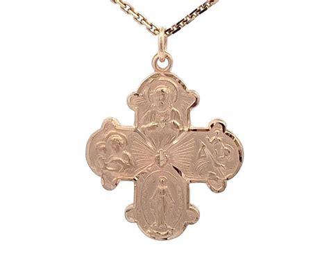 14K Solid Gold Scapular Four Way Cross Medal Pendant Diamond Cut