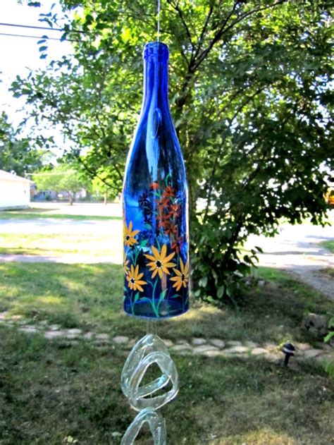 Wine Bottle Wind Chime Recycled Blue Bottle Orange Garden Etsy Wine