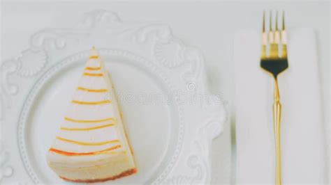 Caramel Cheesecake On A Retro Plate Use A Gold Fork And Knife