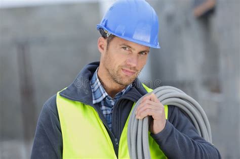 Handsome Man Electrician Wiring Cable Outdoors Stock Image Image Of