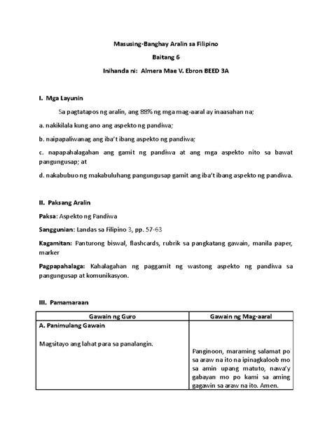 Lesson Plan Grade Filipino Th Quarter