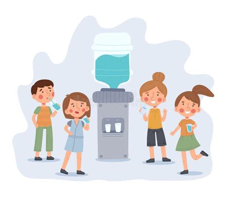 Kindergarten Children Drinking Water Kids Near School Water Cooler