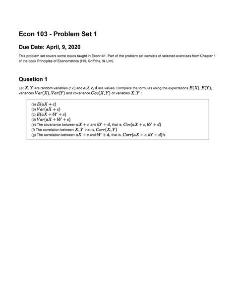 Problem Set Econ Solutions Econ Problem Set Due Date