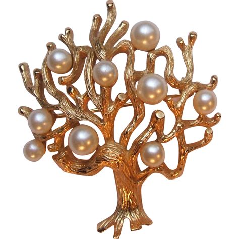 Vintage Crown Trifari Gold Tone Tree Of Life Pin Brooch Faux Pearls