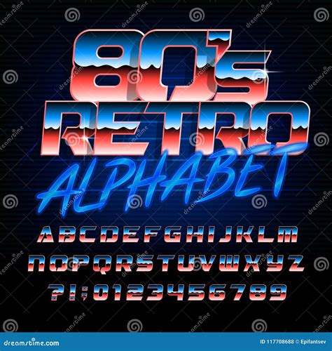 80s Retro Alphabet Font Metallic Effect Bright Letters And Numbers