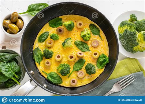 Omelette With Broccoli Spinach And Olives Stock Image Image Of