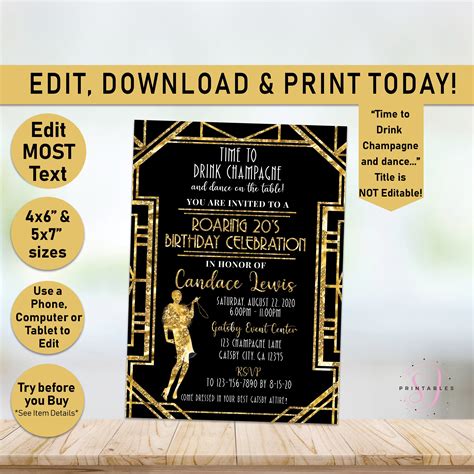 Editable Roaring 20s Birthday Invitation Great Gatsby Etsy