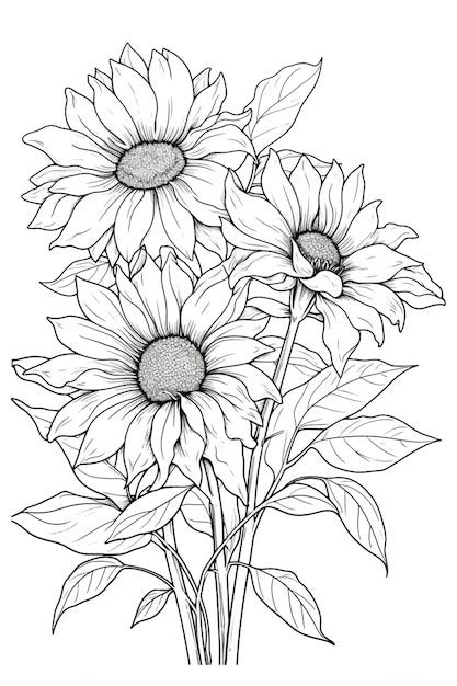 Un dibujo de un ramo de girasoles con hojas ai generativo. | Foto Premium
