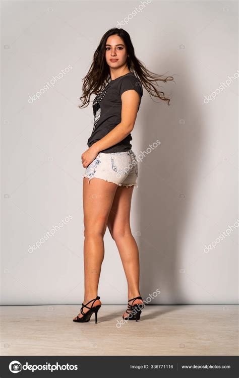 Beautiful Brunette Model Stylish Clothes Posing Light Room Stock Photo Design Ua
