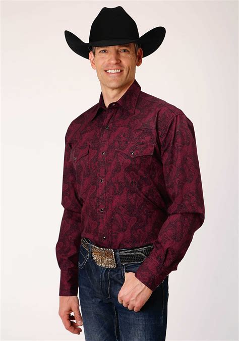 Roper Mens Wine Oakleaf Paisley Western Snap Shirt