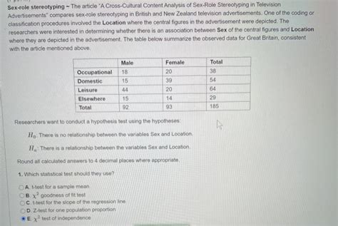 Solved Sex Role Stereotyping The Article A Cross Cultural Chegg