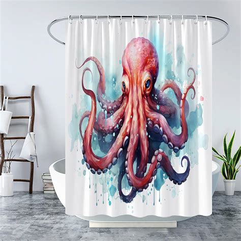 Puptys Watercolor Octopus Shower Curtain Tropical Ocean