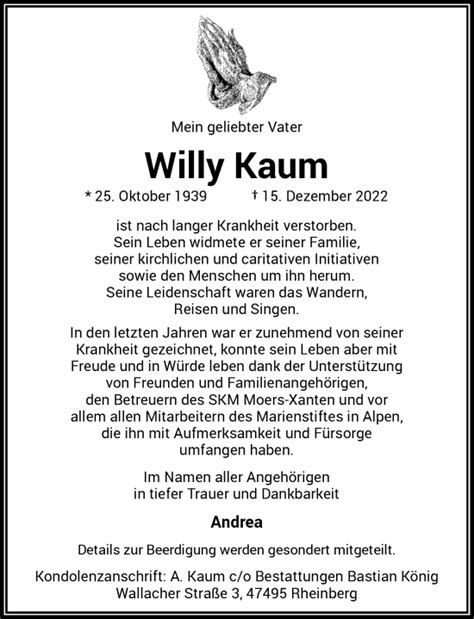 Alle Traueranzeigen für Willy Kaum trauer rp online de