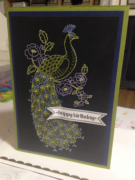 Stampin Up Perfect Peacock Embossed In White And Coloured With