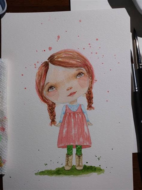 Whimsical Girl Watercolor Painting Original Art Ooak Wall Decor