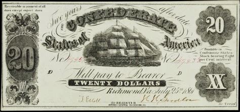 Confederate Currency 1861 20 Dollar Bill Sailing Ship T 9world