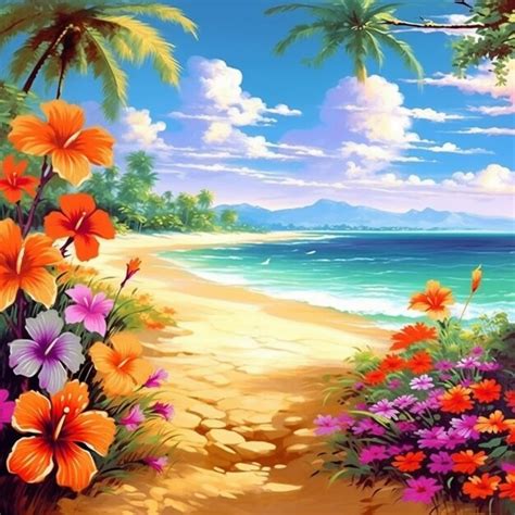 Premium AI Image Tropical Beach Scene With Flowers And Palm Trees