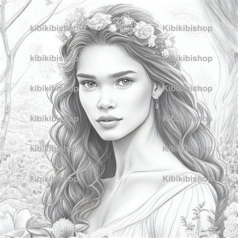 Princess 32 Coloring Page Grayscale Vintage Style Etsy