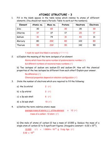 Answer Key Atomic Structure Worksheets