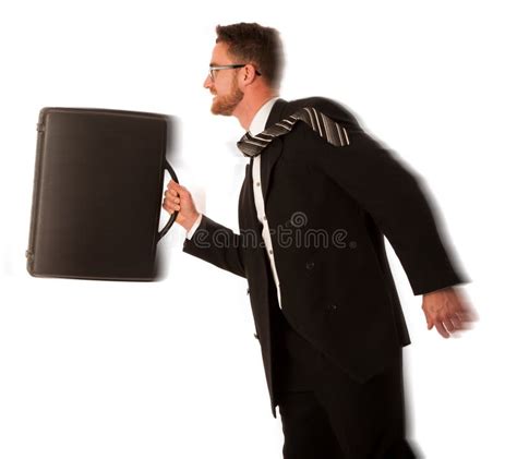 Successful Businessman In Formal Suit And Briefcase Running Being Late