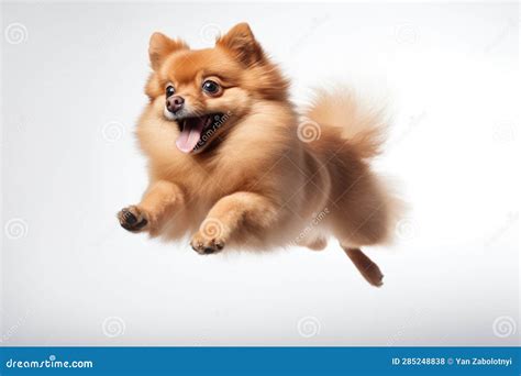 Momento De Salto Perro Pomerania Con Fondo Blanco Stock de ilustración