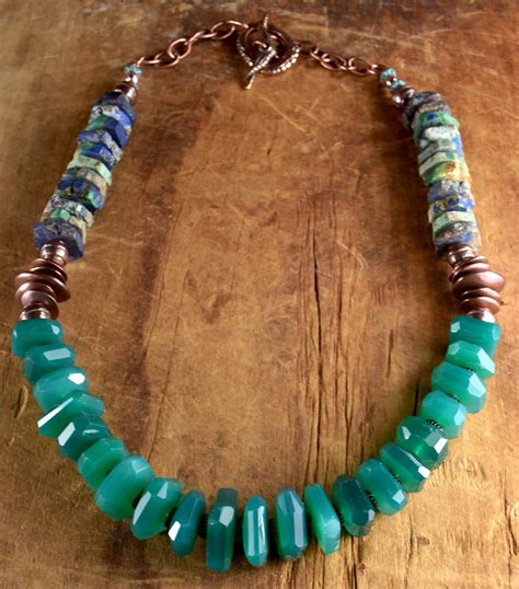 Green Onyx Necklace, Statement Necklace, Blue, Boho Tribal, Azurite ...