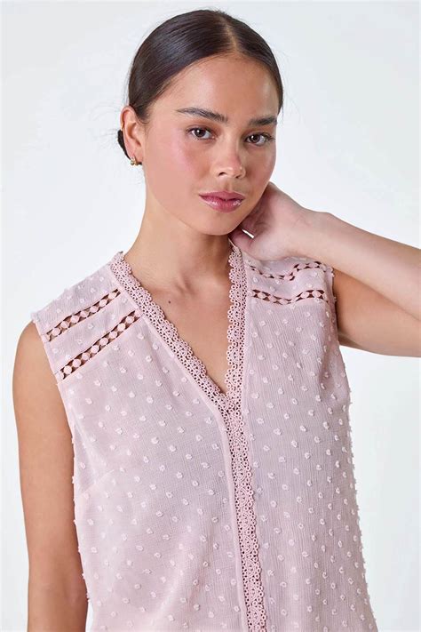 Light Pink Petite Spot Print Lace Tunic Top Roman UK