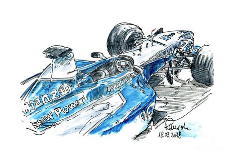 Bmw Williams Fw 23 05 F1 Racecar Ink Drawing And Watercolor Drawing By