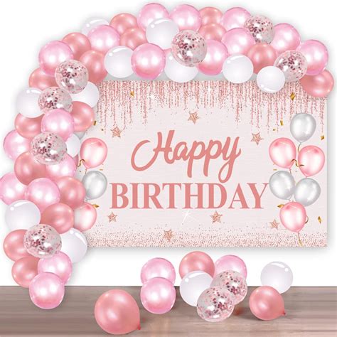 Pink Birthday Banner With Balloon Garland Arch Decorations Set Pink Rose Gold Happy