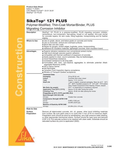 Sikatop 121 Plus Tech Sheet 2009pdf Northland Construction