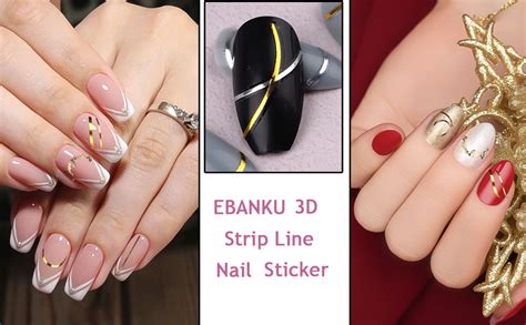 EBANKU 12 Sheets Gold Silver Metal Nail Stickers Metallic Curve Strip