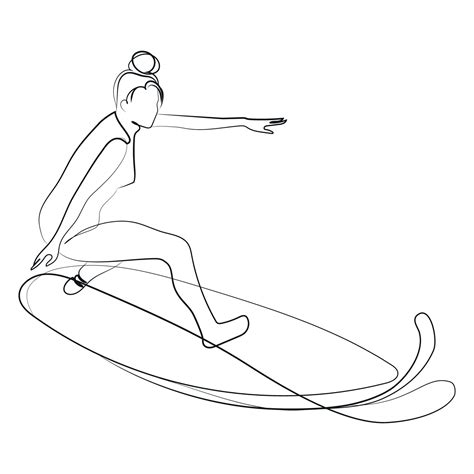 Woman surfer on a board riding waves One line drawing.Vector ...