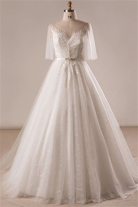 Ball Gown Illusion Neckline Tulle Sleeve Plus Size Wedding Dress