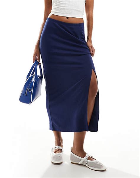 Monki Super Soft Jersey Midi Skirt With Elastic Fold In Navy Asos