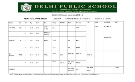 PRACTICAL DATE SHEET - Delhi Public School, Mathura Road