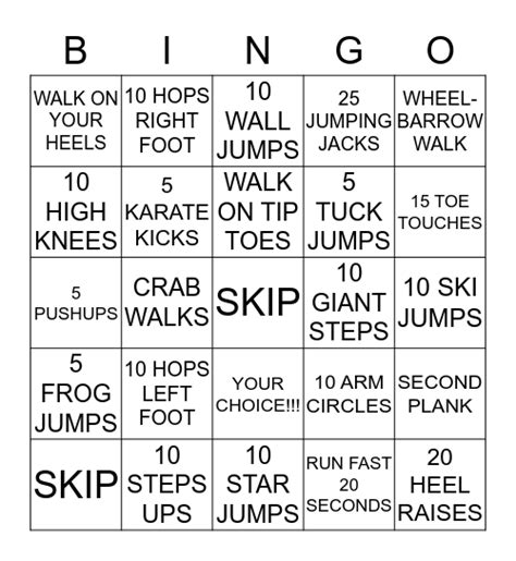 Gross Motor Bingo Card