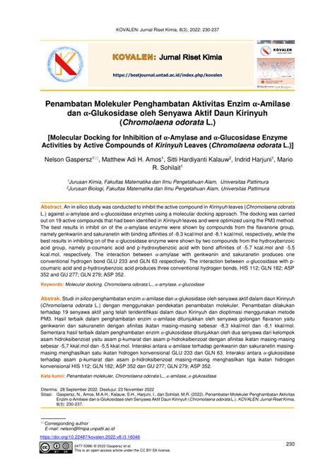 PDF Penambatan Molekuler Penghambatan Aktivitas Enzim α Amilase dan α