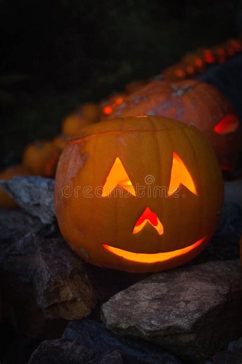 Familia Iluminada Jack O Lantern Visitando La Selva Negra Imagen De