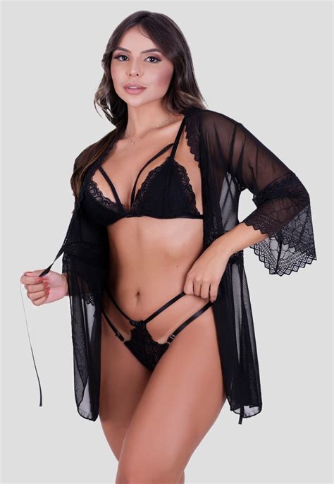 Kit Robe Tule E Renda Conjunto Lingerie Strapy Preto Compre Agora