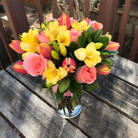 Flower Bouquet In A Glass Vase With Fresh Bright Colors Colorful