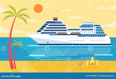 Illustration Of Cruise Ship Side View Near Beach Palm Trees Stock