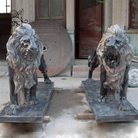 Blve Life Size Garden Stone Entryway Lion Sculpture Black Marble